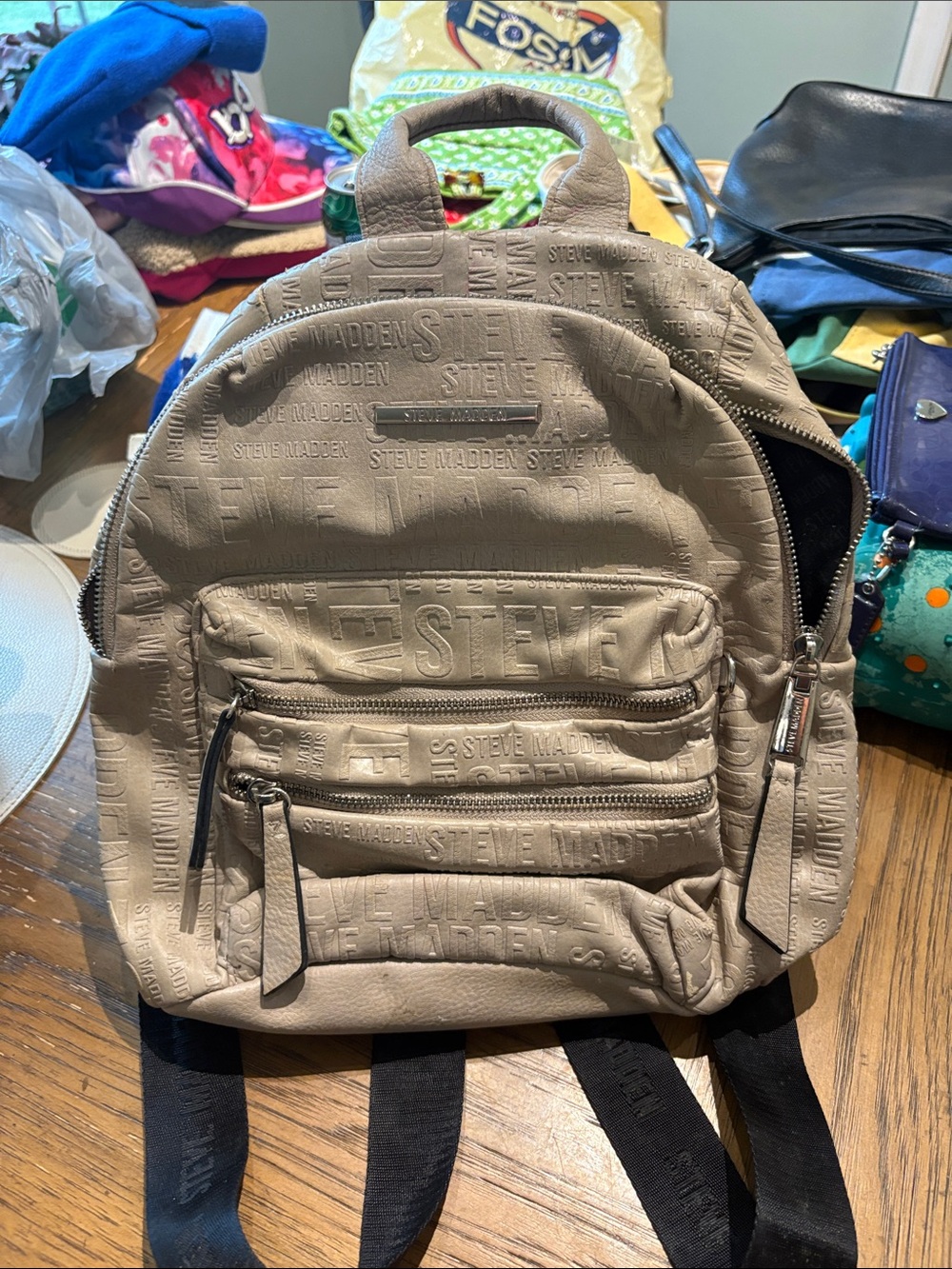 Steve Madden Taupe Embossed Mini Backpack with Front Zip Pockets